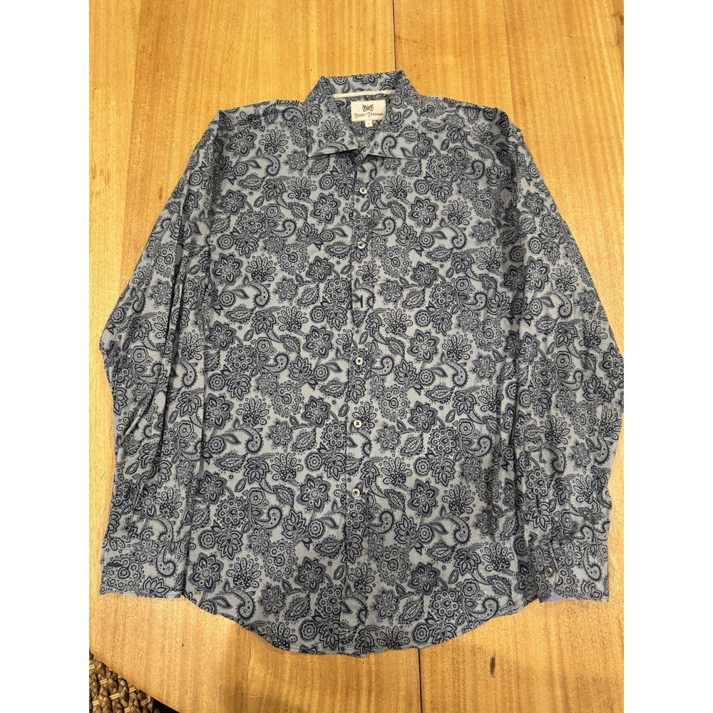 Hickey Freeman Shirt Mens Large  Gray Paisley Design Button Down‎ Pocket